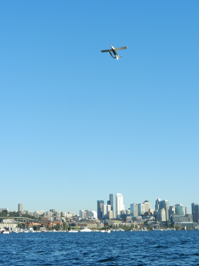 Downtown with seaplane taking off